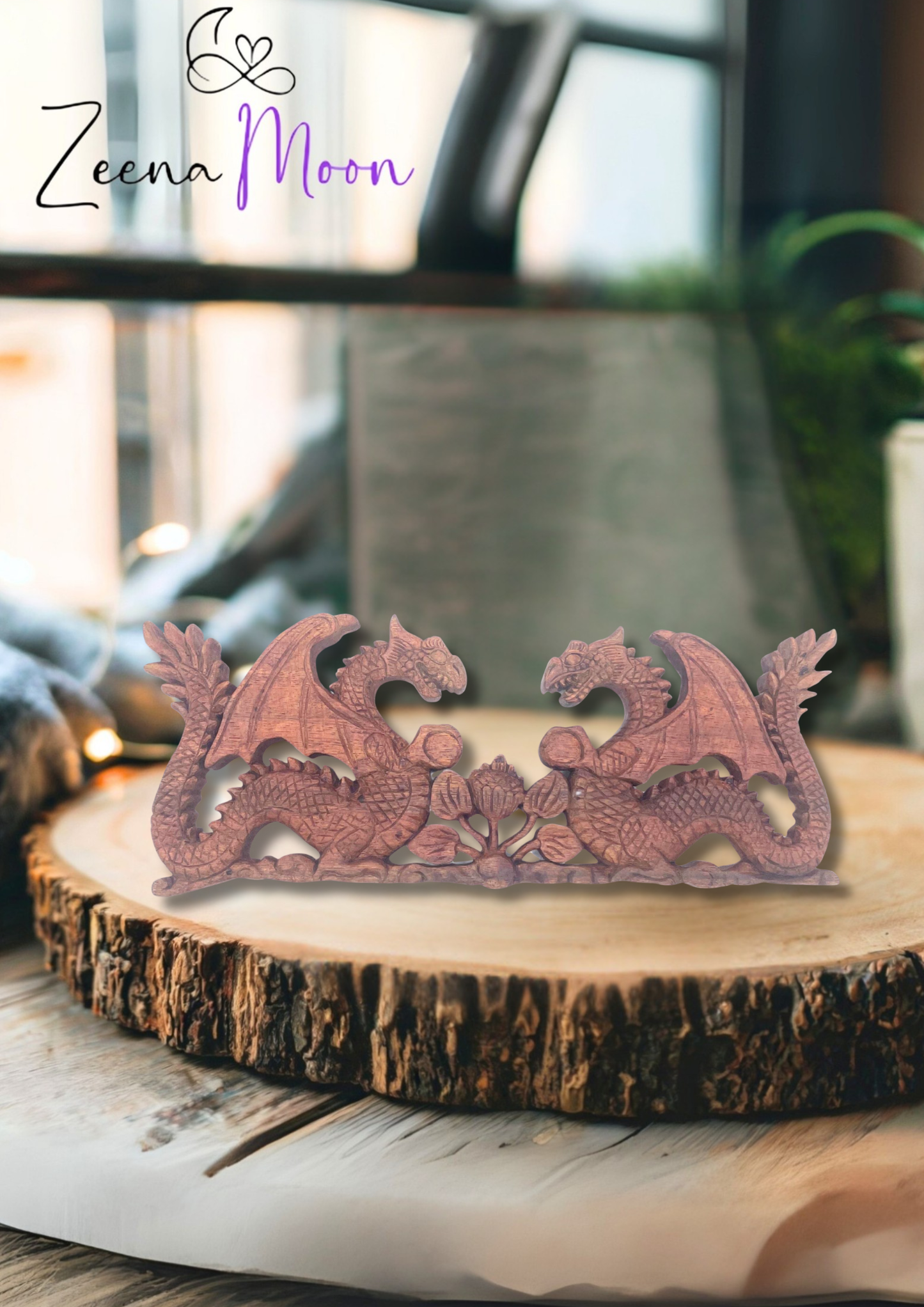 Two Facing Dragon Plaque Carving - 40x15cm
