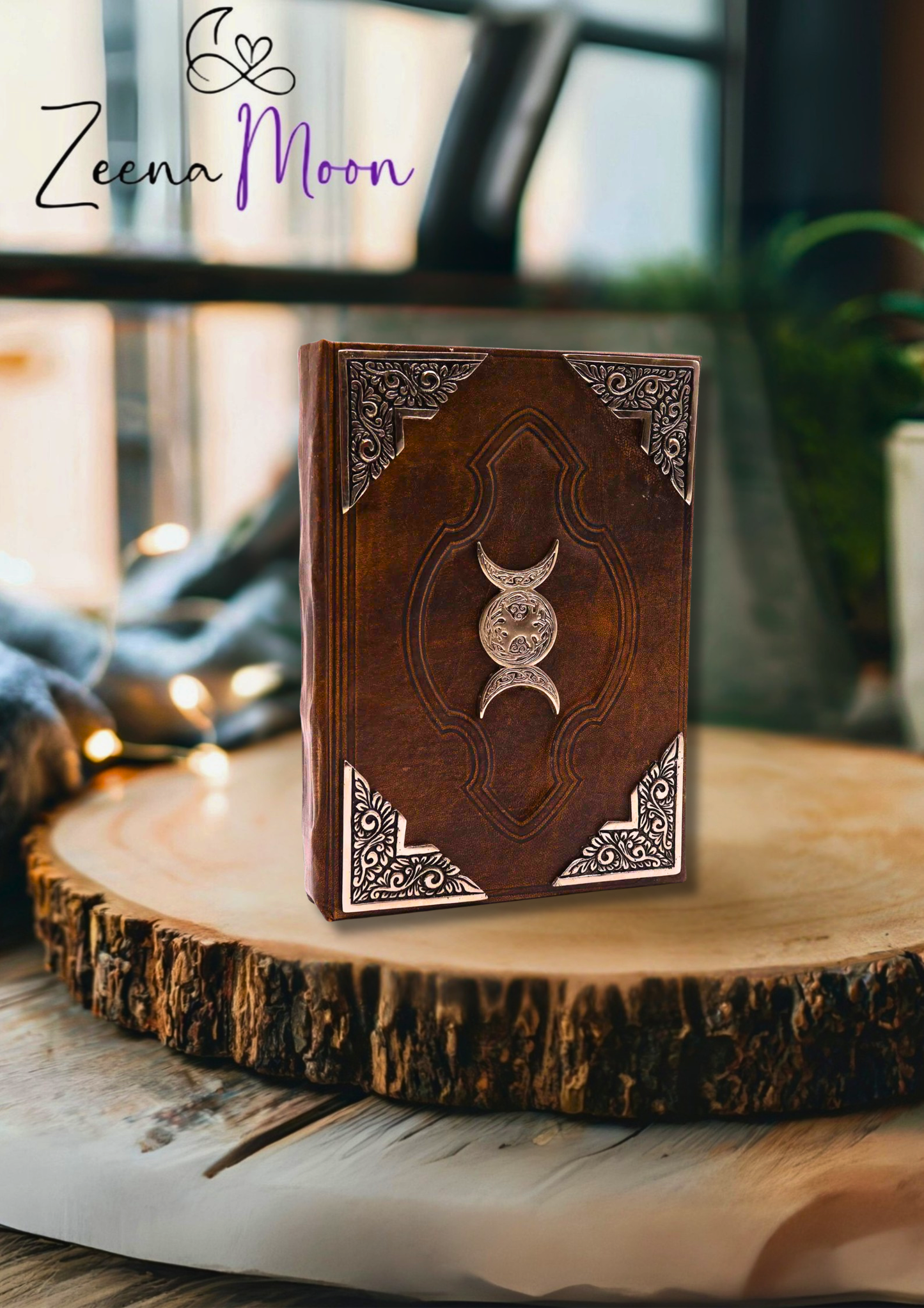 Heafty Brown Tan Book - Zinc Triple Moon Decor - 200 Deckle Edges Pages - 26x18cm