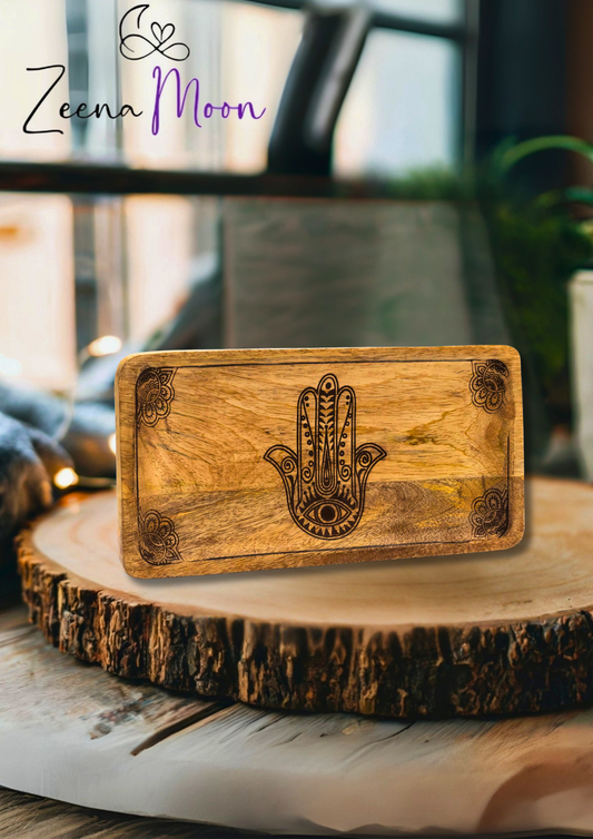 Long Tray 30x15x2.5cm - Hamsa Design Black Engraved