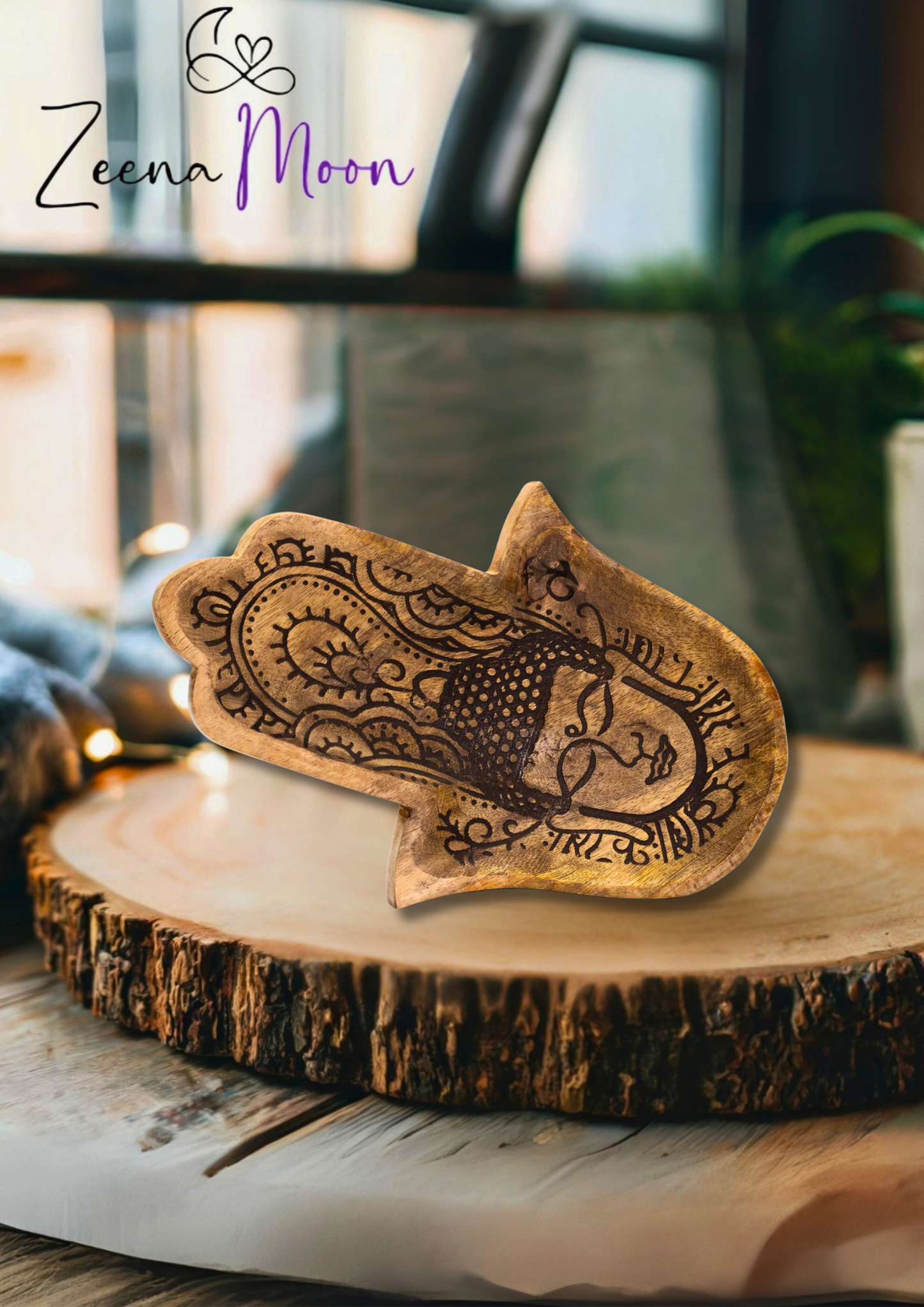 Long Tray 30x20.5x2.5cm - Hamsa Shape with  Buddha Black Engraved