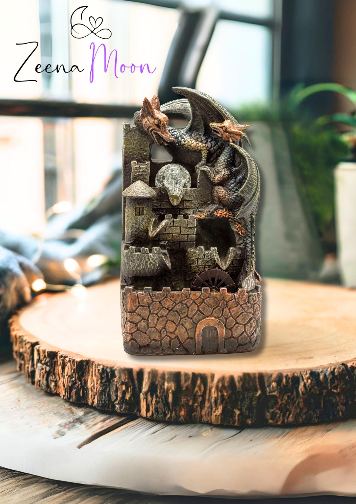 Tabletop Water Feature - 35cm - Dragons, Crystal Ball & Water Wheel
