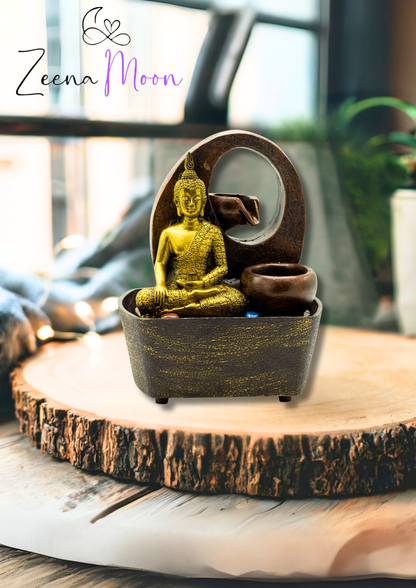Tabletop Water Feature - 21.5cm - Golden Buddha & Pots