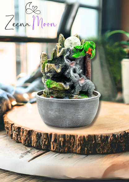Tabletop Water Feature - 25cm - Elephants & Palm Tree