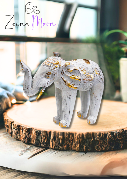Wood Carved Elephant - White Gold