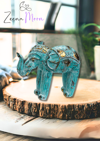 Wood Carved Elephant - Turquoise Gold