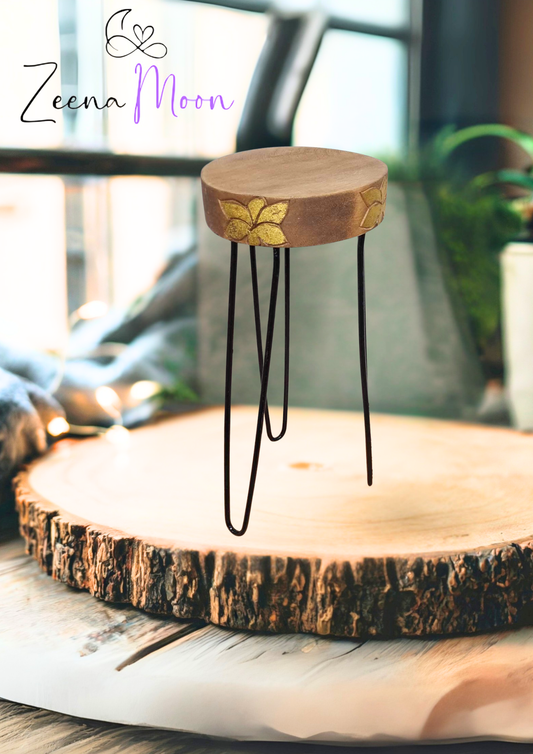 Albasia Wood Plant Stand - Natural & gold detail