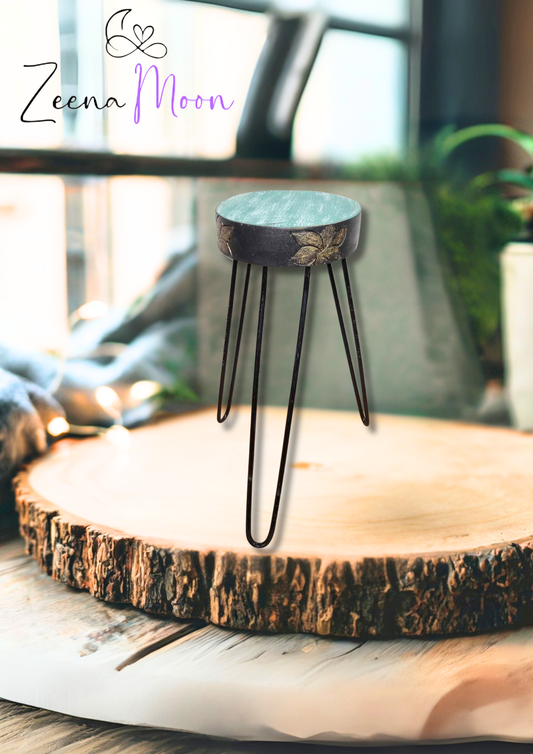Albasia Wood Plant Stand - Turquoise & gold detail
