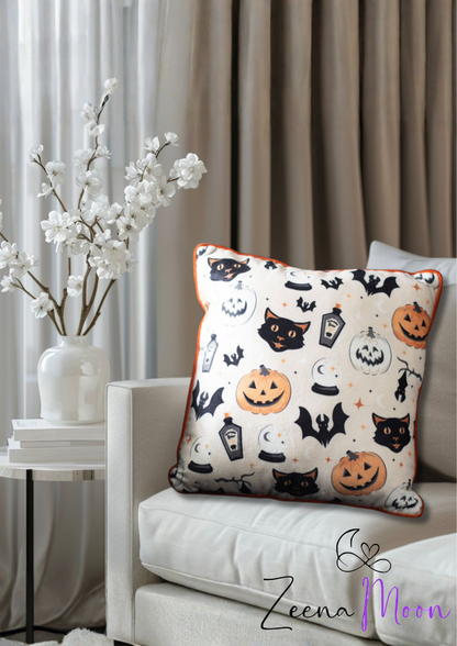35cm Square Spooky Cat and Pumpkin Print Cushion