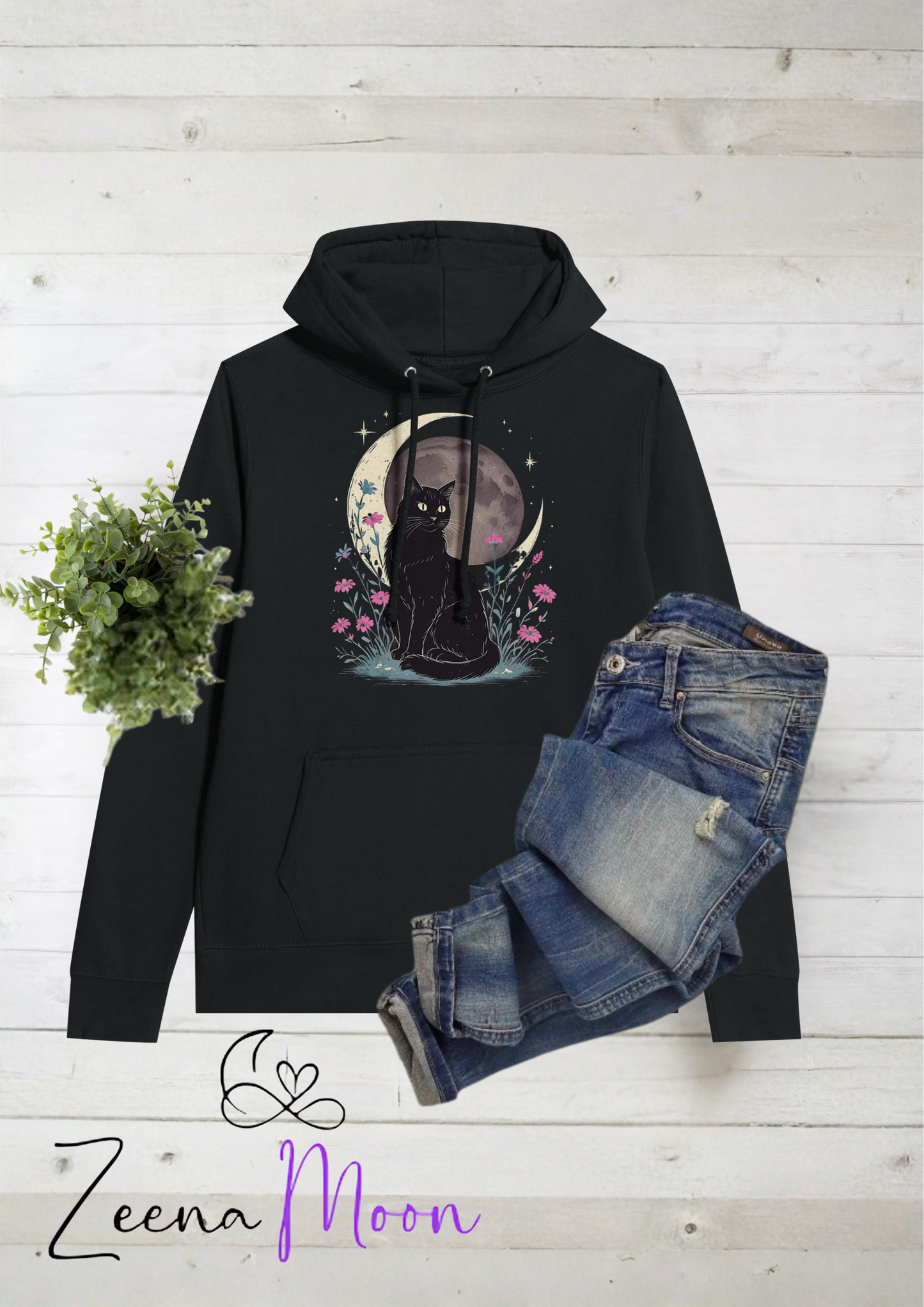 Moonlit Watcher cat Premium Womens Pullover Hoodie Black