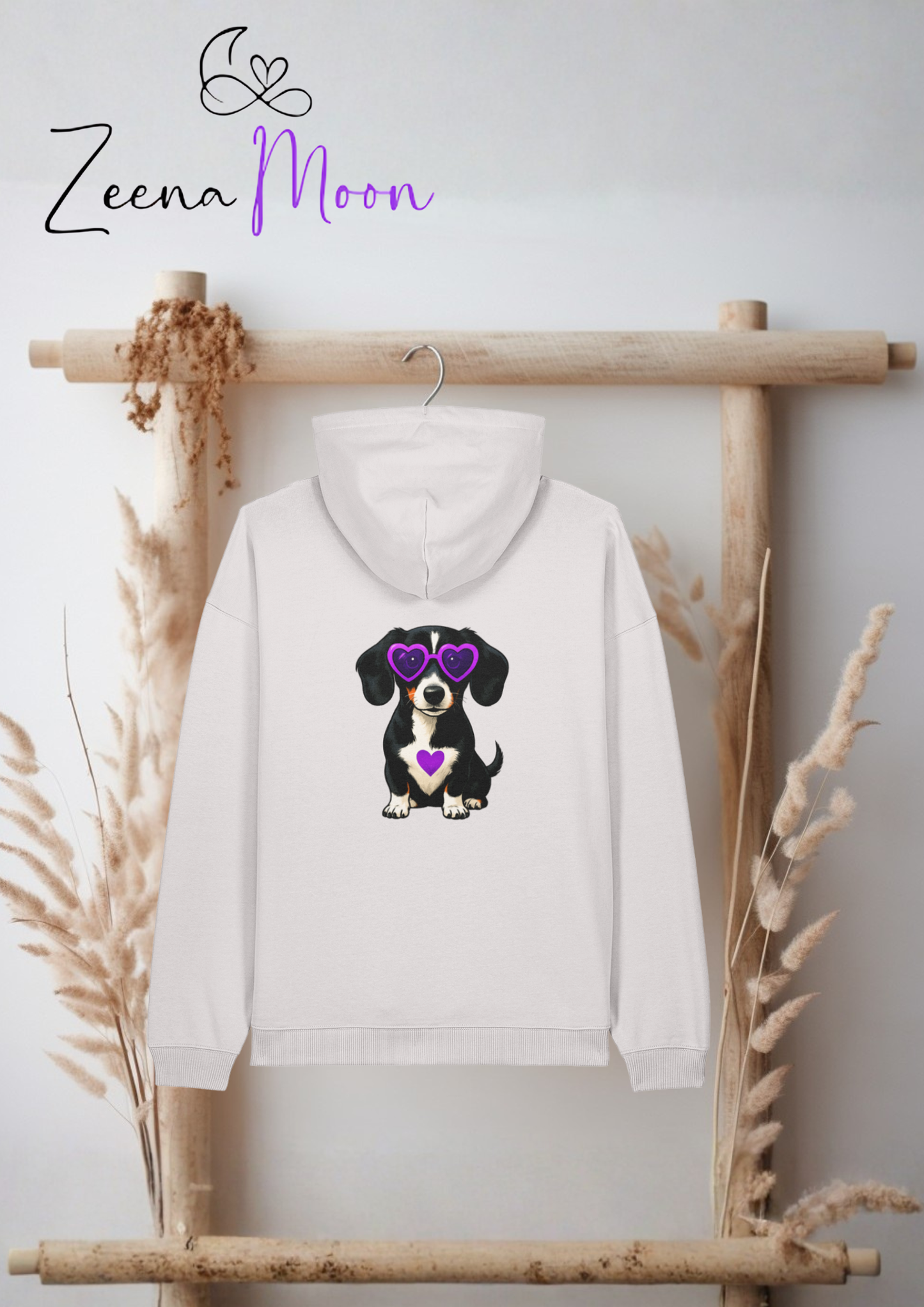 Paw-sitively – Black & White Dog with Purple Heart Glasses Organic Cotton Hoodie