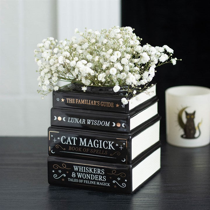 Black Cat Magick Book Stack Vase – Witchy Gothic Décor
