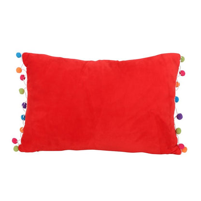 Holly Jolly Christmas Cushion with Pom Poms – Red