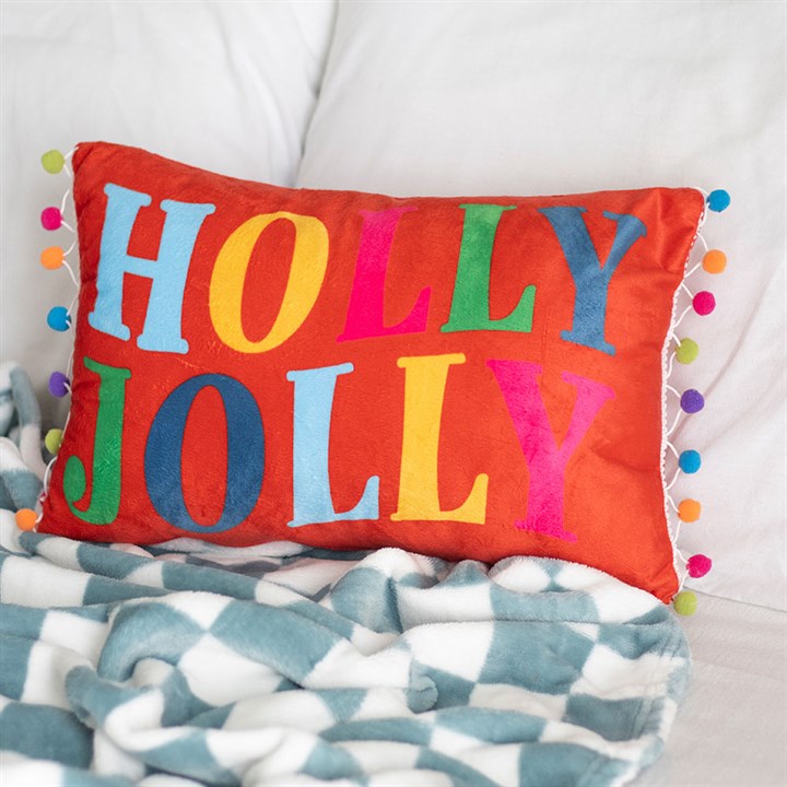 Holly Jolly Christmas Cushion with Pom Poms – Red