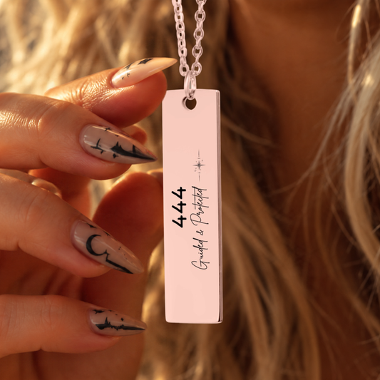 444 Angel Number Necklace – Guided & Protected | Engraved Bar Pendant