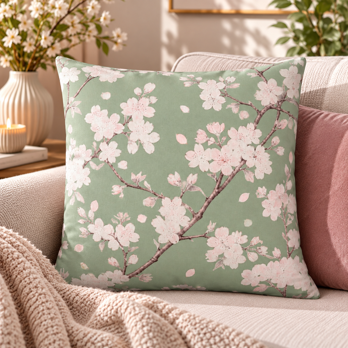 Sage Green Japanese Cherry Blossom Botanical Cushion