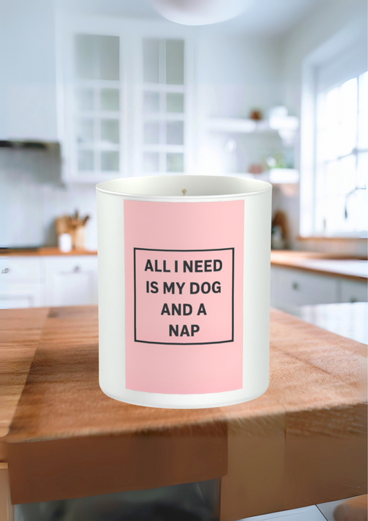 All I Need is a Dog and a Nap 200g White candle ‘Sandy Bay'