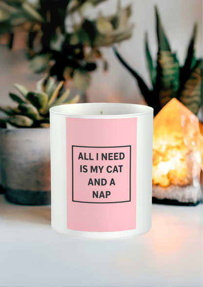 All I Need is my Cat and a Nap 200g White candle ‘Sandy Bay'