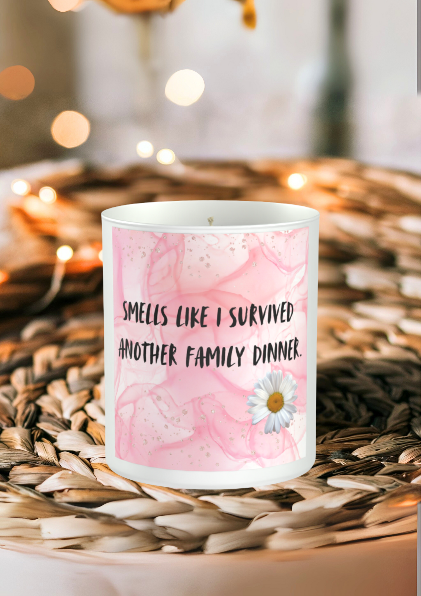 Smells Like I Survived Another Family Dinner 200g White candle ‘Sandy Bay'