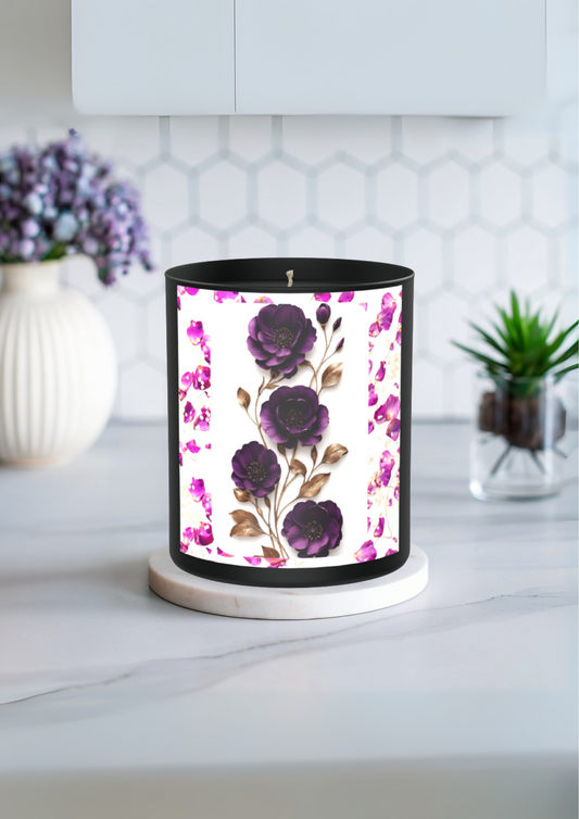 Purple and Gold Flower Design 200g Black Candle ‘Dark Noir’