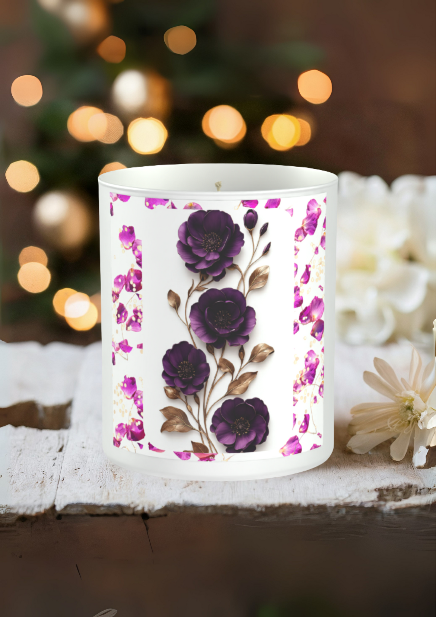 Purple and Gold Flower Design 200g White candle ‘Sandy Bay'