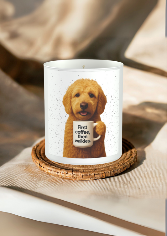 First Coffee, Then Walkies 200g White candle ‘Sandy Bay'