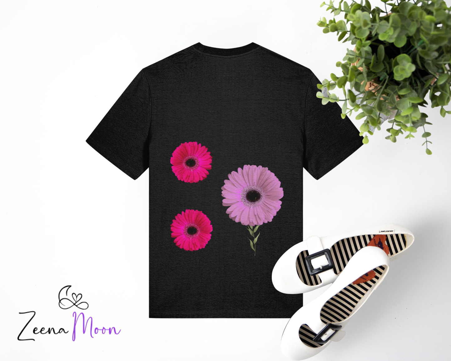 Petal Power – Pink Gerbera Daisy Back Print 100% organic ringspun combed cotton premium T-shirt