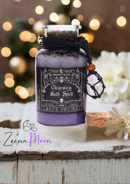 Ancient Witch Bath Spell Potion & Rock Crystal Amulet - Cleansing