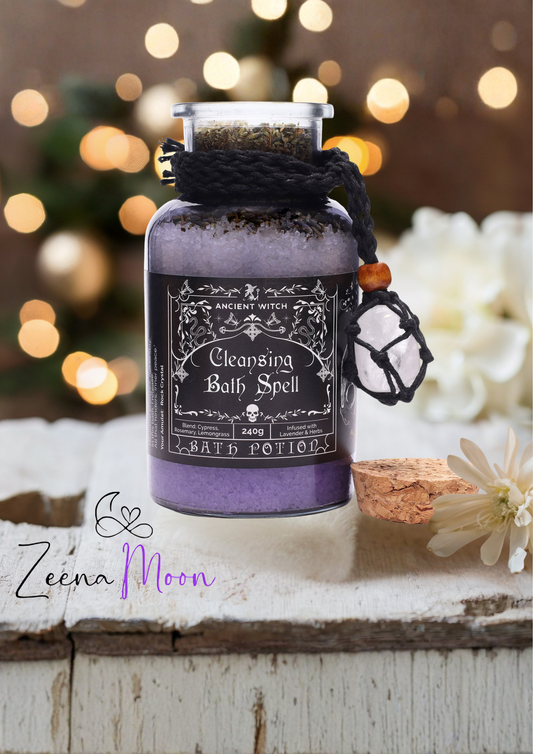 Ancient Witch Bath Spell Potion & Rock Crystal Amulet - Cleansing