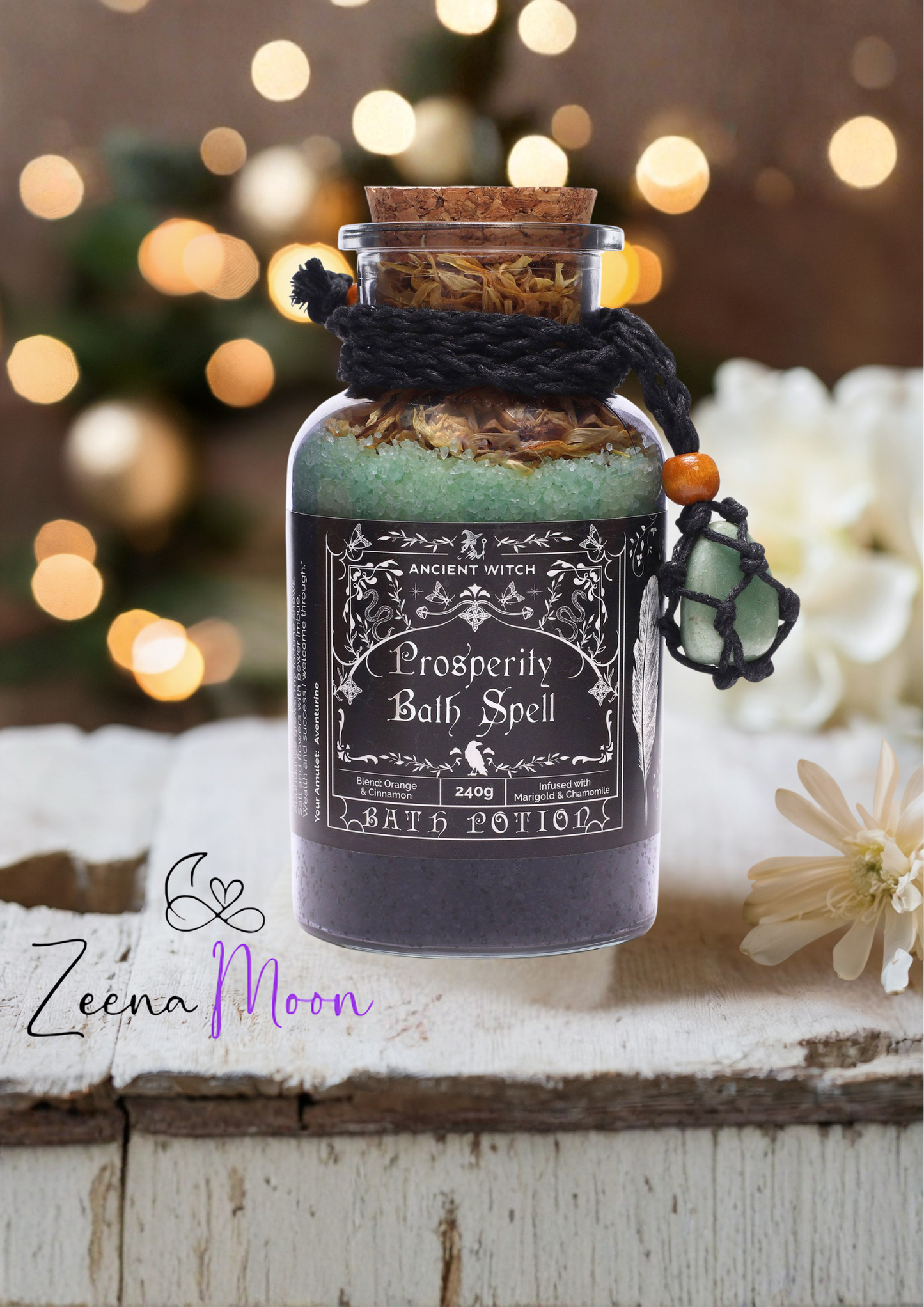Ancient Witch Bath Spell Potion & Aventurine Crystal Amulet - Prosperity
