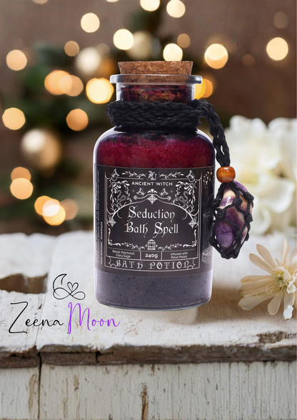 Ancient Witch Bath Spell Potion & Amethyst Crystal Amulet - Seduction