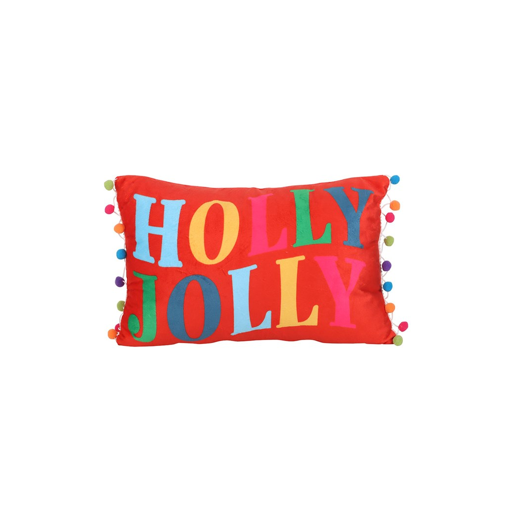 Holly Jolly Christmas Cushion with Pom Poms – Red
