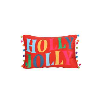 Holly Jolly Christmas Cushion with Pom Poms – Red