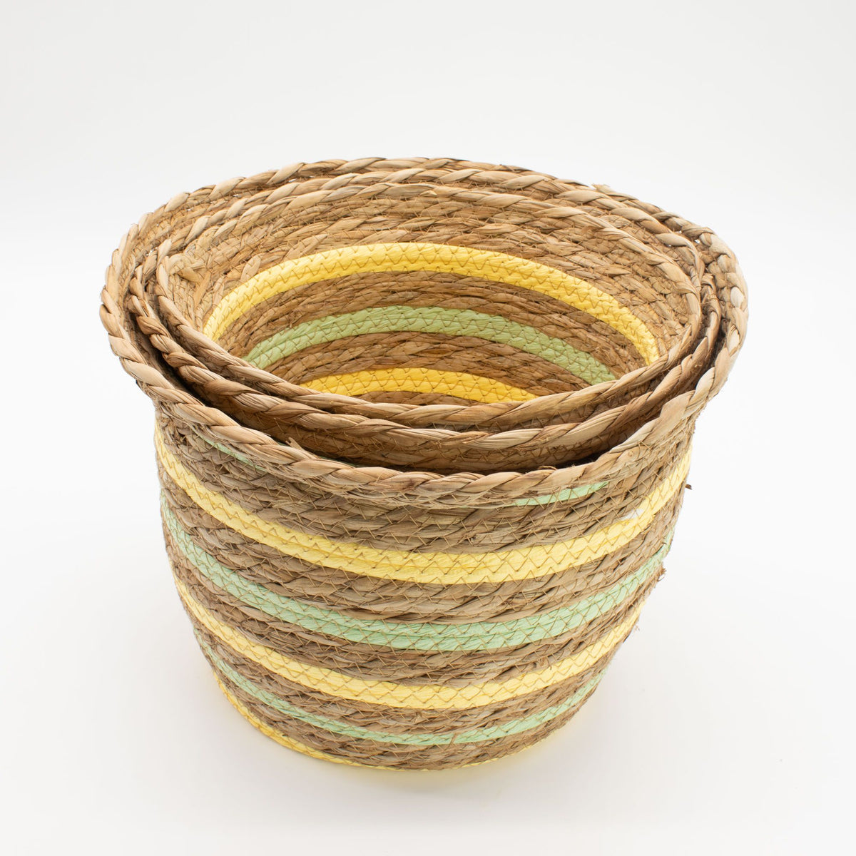 Seagrass & Straw Woven Storage Baskets – Yellow & Green Set of 3