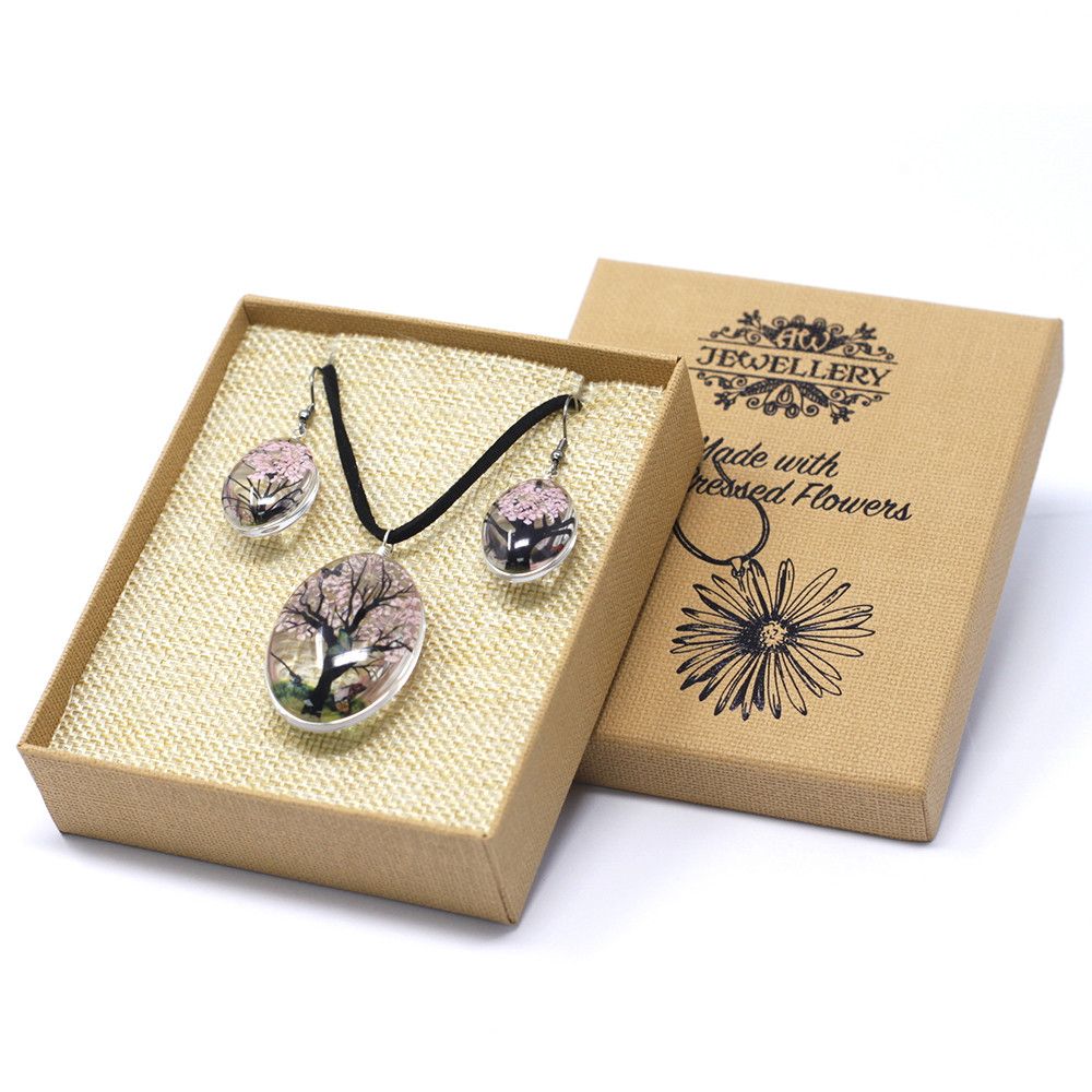 Pink Pressed Flower Tree of Life Necklace & Earrings Set