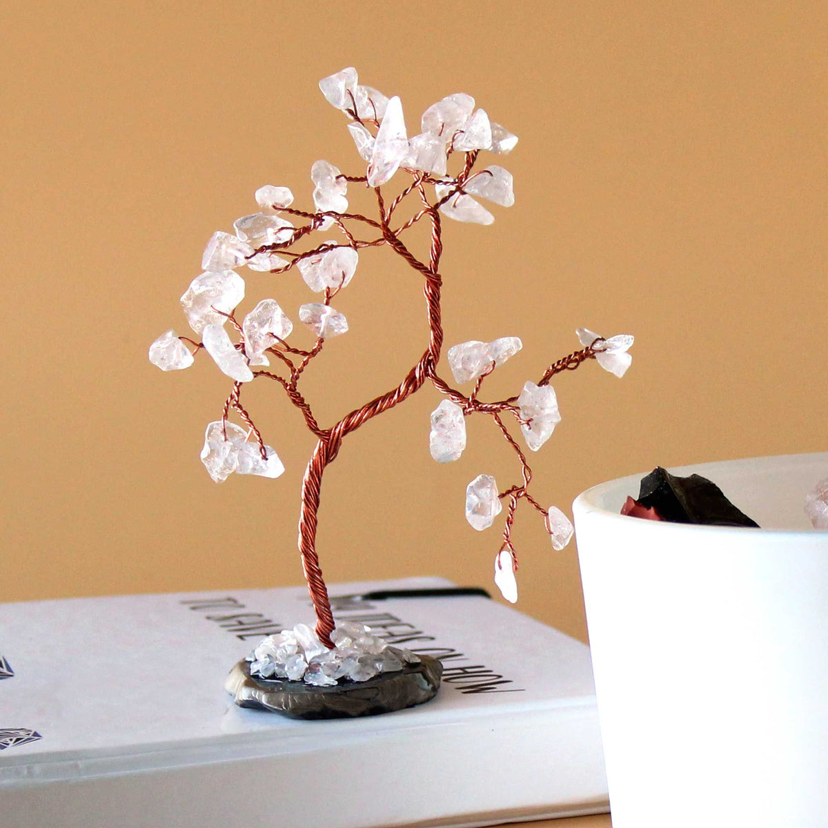 Rock Quartz Gemstone Tree on Black Agate Base – 35 Stones