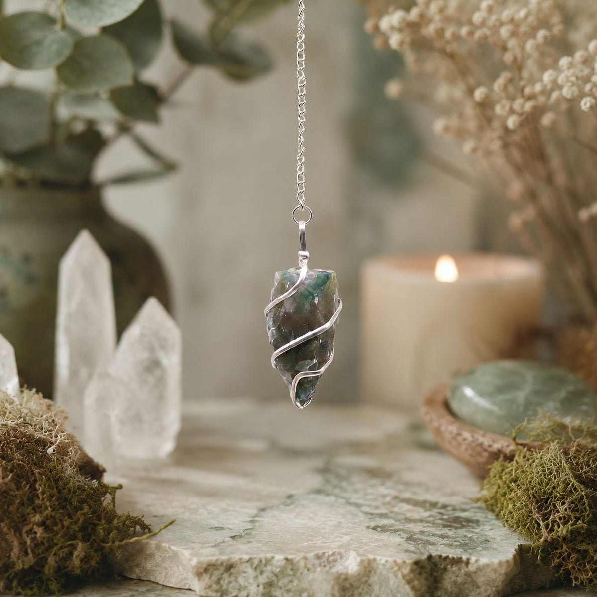 Raw Moss Agate Crystal Pendulum – Natural Gemstone Dowsing Pendulum