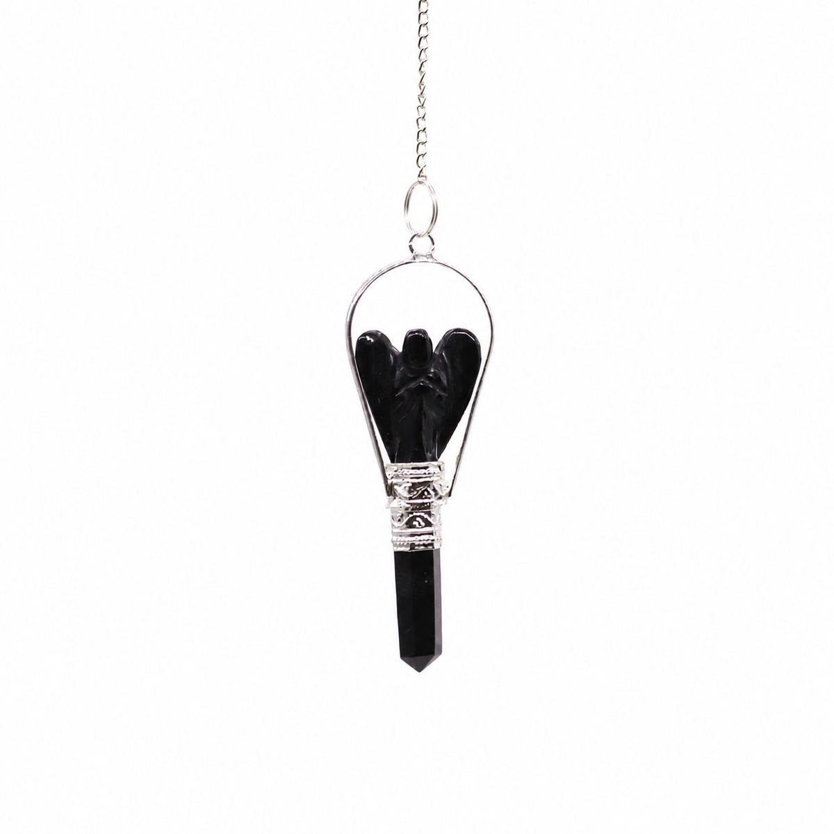 Black Agate Angel Crystal Pendulum – Silver-Tone Frame