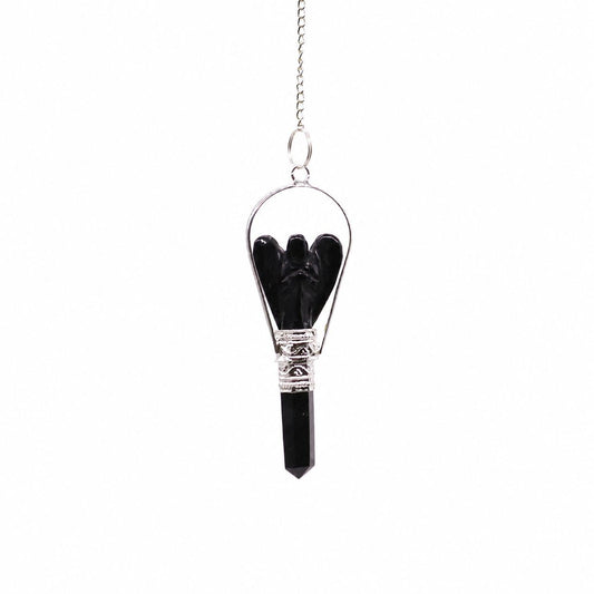 Black Agate Angel Crystal Pendulum – Silver-Tone Frame