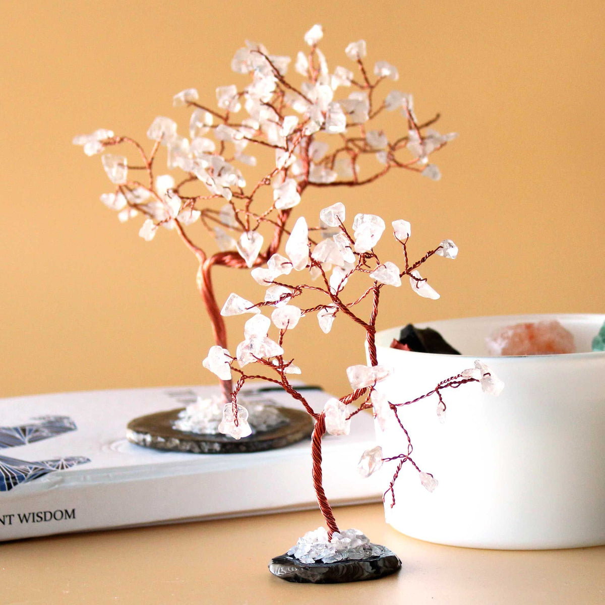 Rock Quartz Gemstone Tree on Black Agate Base – 35 Stones