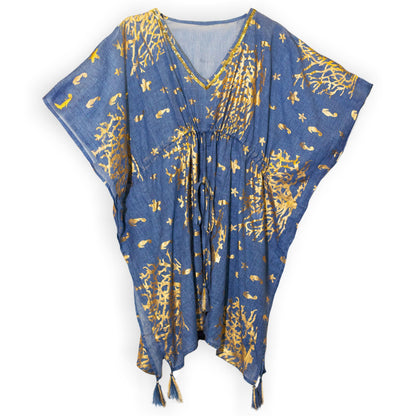 Blue & Gold Coral Print Kaftan – Boho Beach Cover-Up