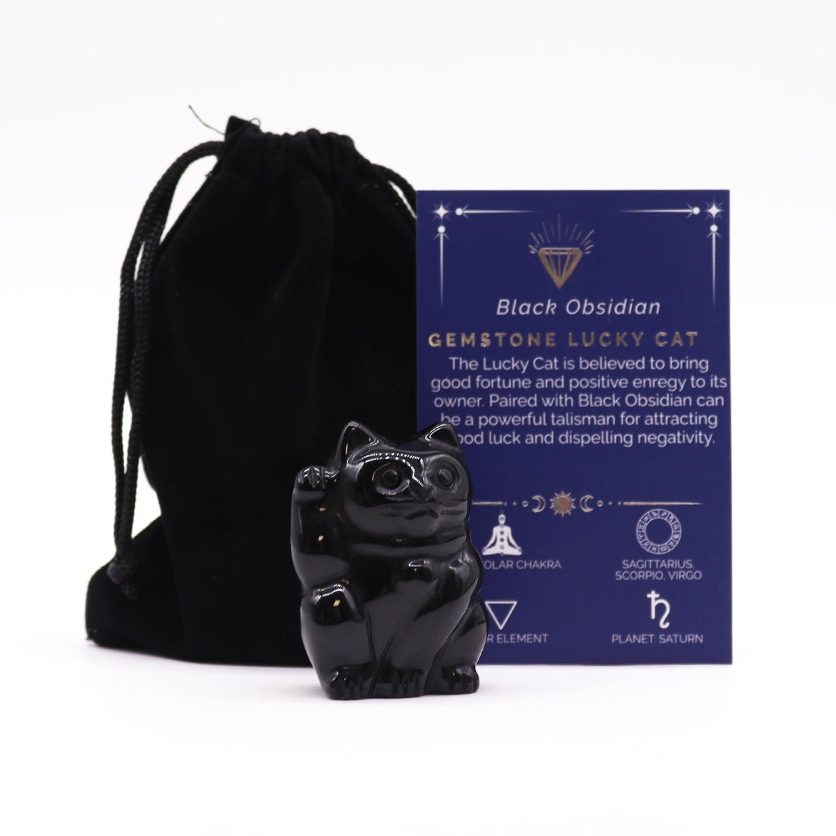 Black Obsidian Lucky Cat Gemstone Figurine | Zeena Moon