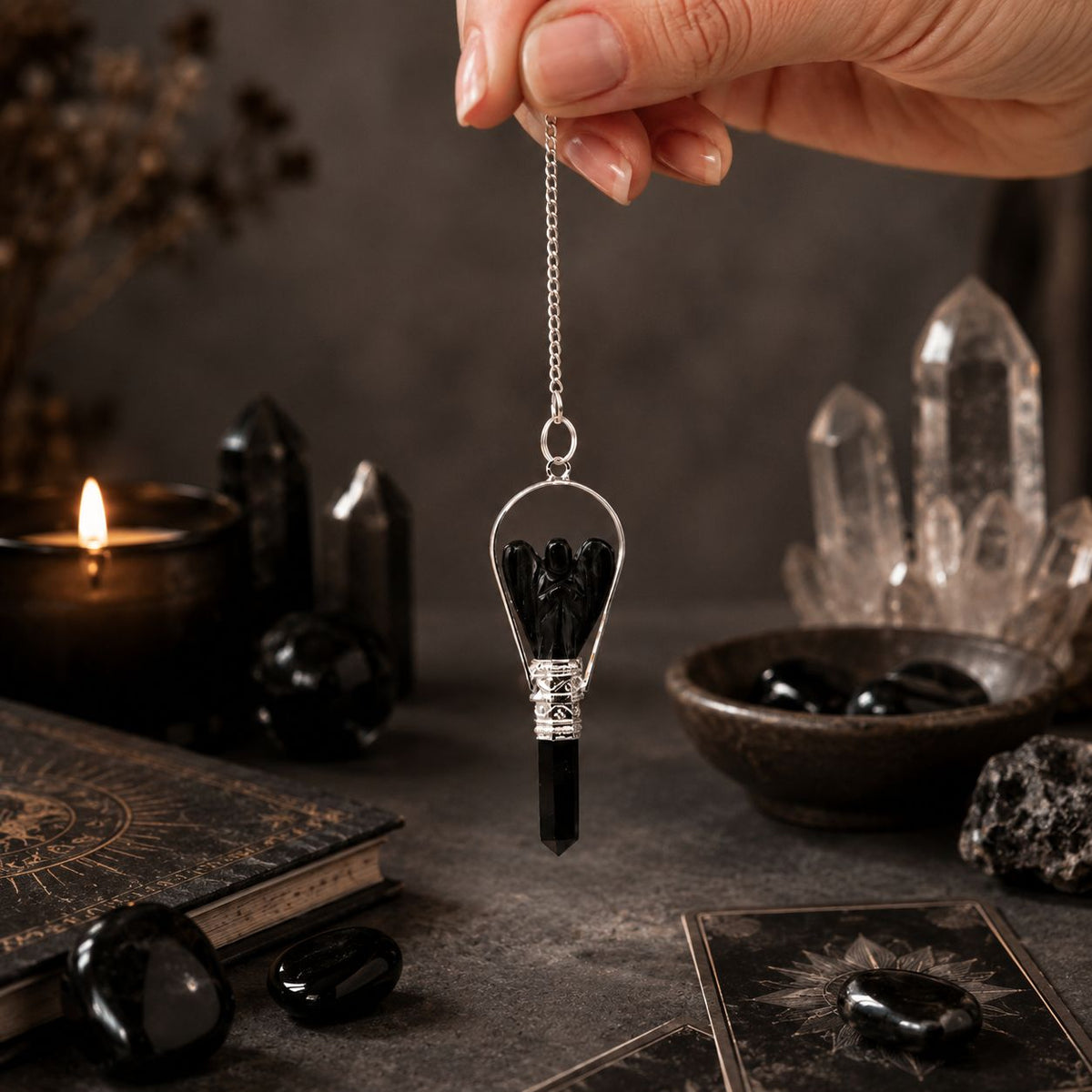 Black Agate Angel Crystal Pendulum – Silver-Tone Frame