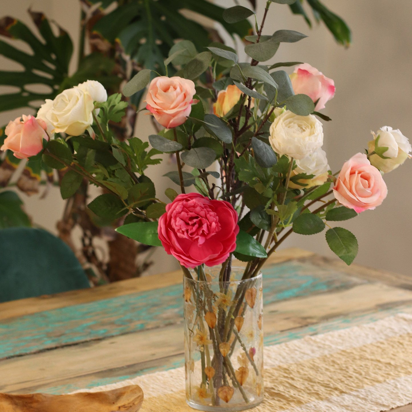 Natural Floral Glass - Tall Vase Candle Holder - Rose - (19x11cm)