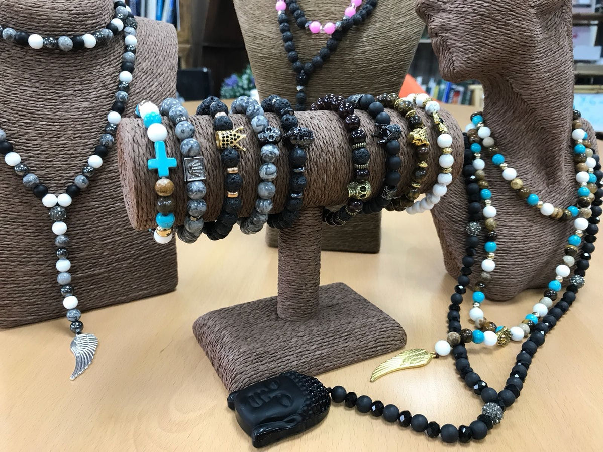 Lava Stone Bracelet with Gold-Tone Hamsa Charm