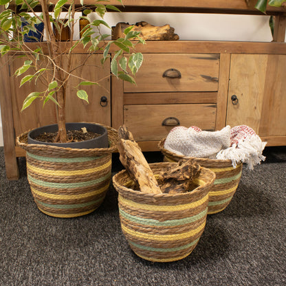 Seagrass & Straw Woven Storage Baskets – Yellow & Green Set of 3