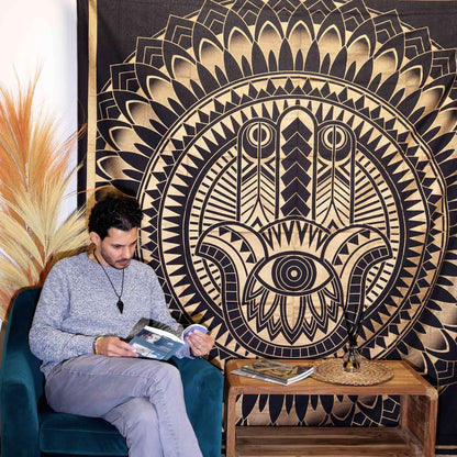 Double Cotton Bedspread + Wall Hanging - Hamsa - Black Gold