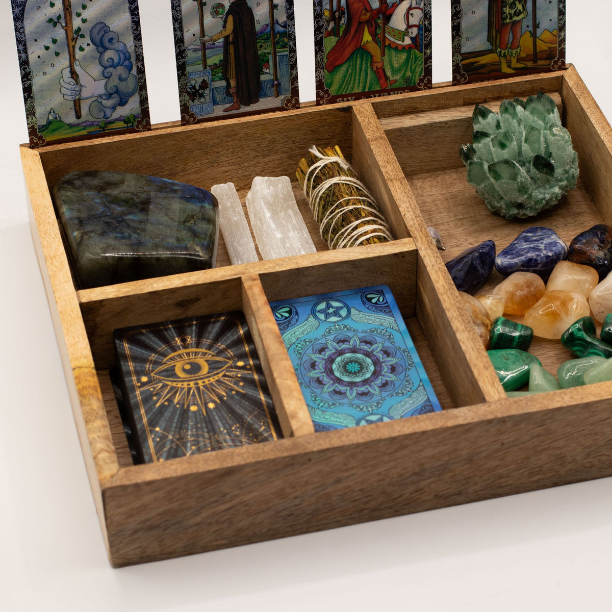 Mango Wood Tarot Storage Box with Card Holder – Four Sections