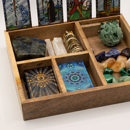 Mango Wood Tarot Storage Box with Card Holder – Four Sections