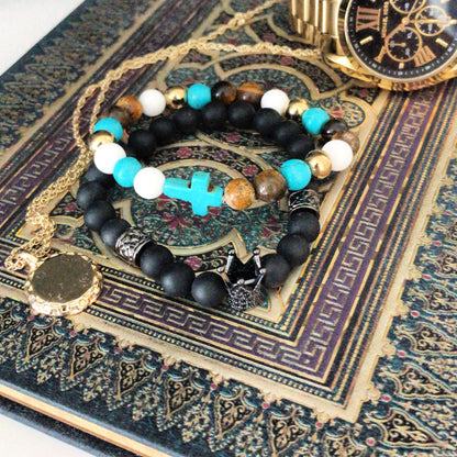 Lava Stone Bracelet with Gold-Tone Hamsa Charm