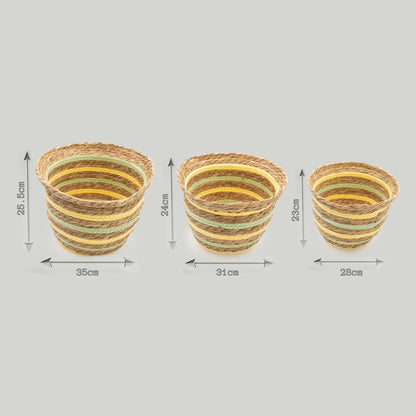 Seagrass & Straw Woven Storage Baskets – Yellow & Green Set of 3
